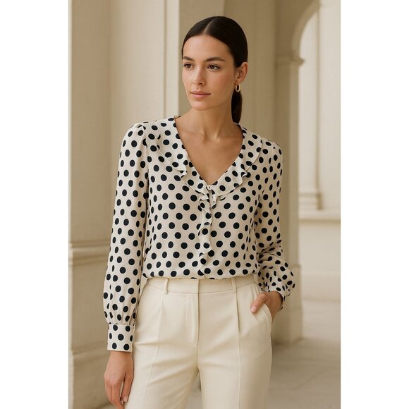 Express Womens Black White L Polka Dot Blouse Preppy Indie Patterncore Peplumcor - Picture 2 of 16